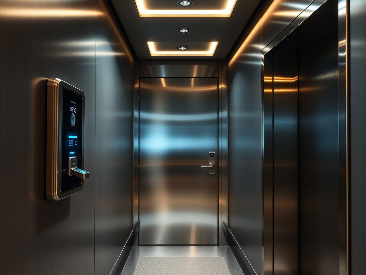 Biometric access control reader beside a stainless steel security door