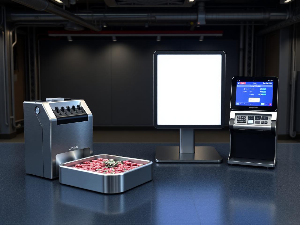 Casino equipment array including shuffler, chip tray and signage panel