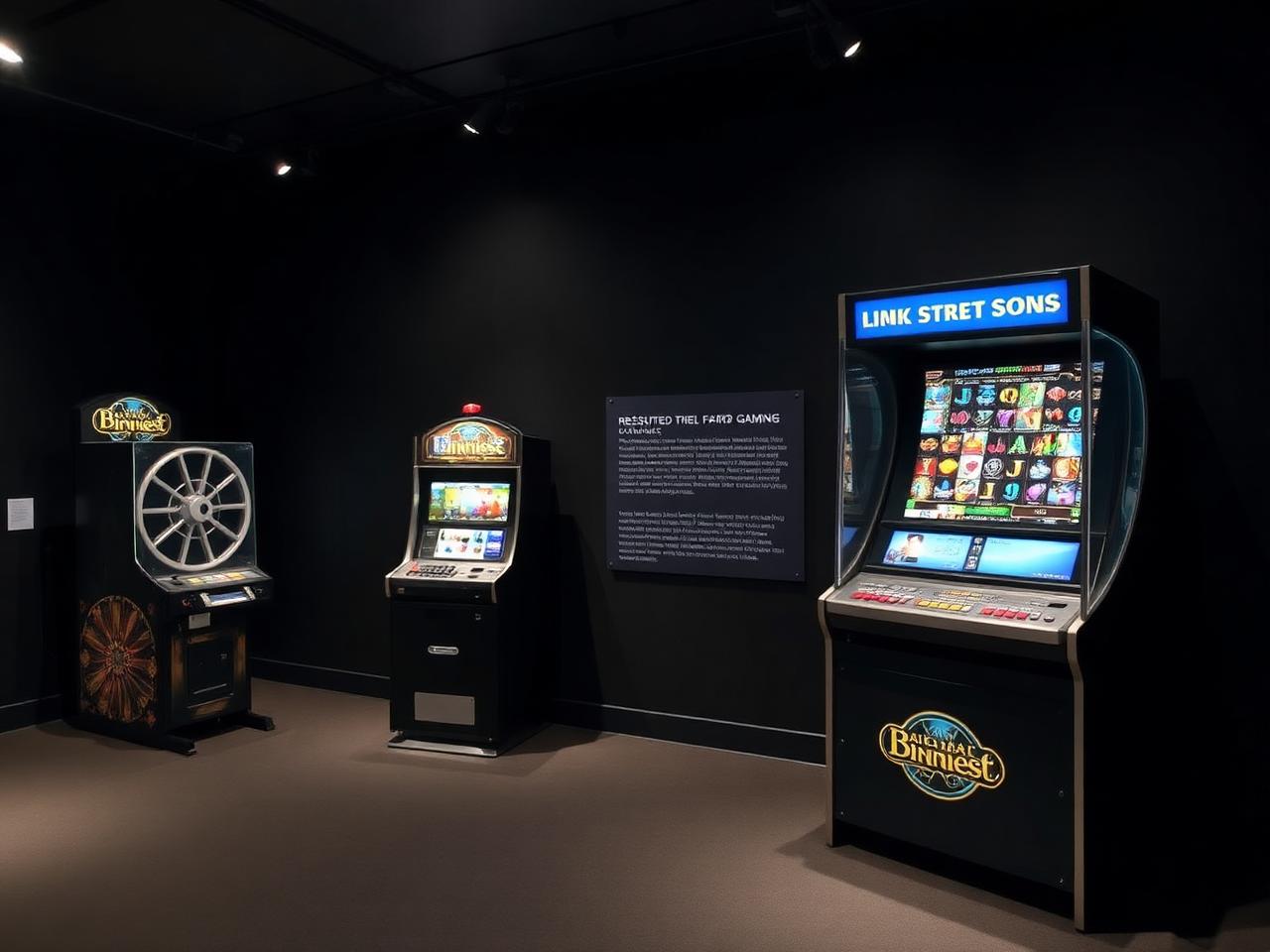 Exhibition display comparing a historic reel machine with a modern gaming cabinet