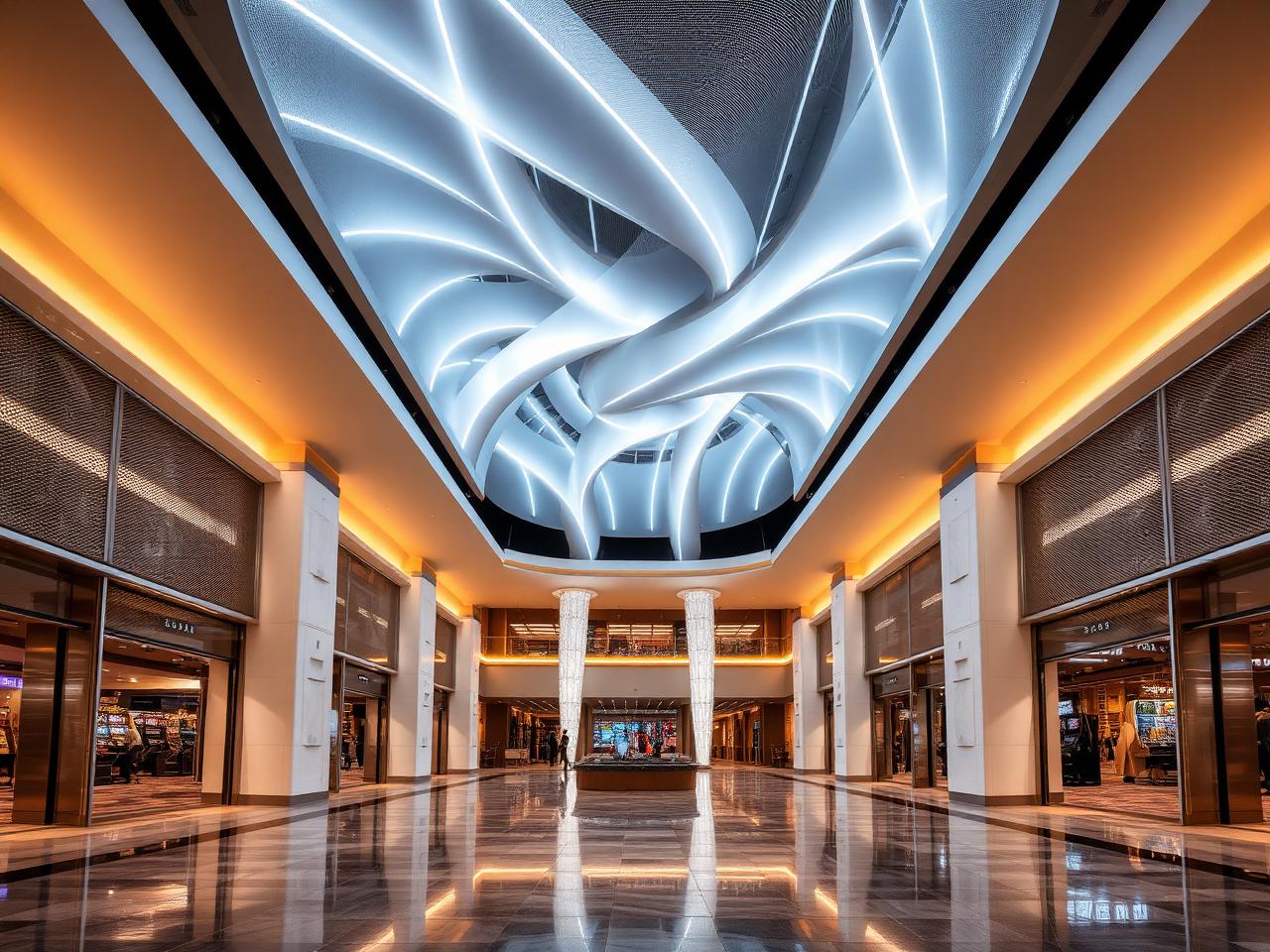 Lit architectural ceiling above a gaming area