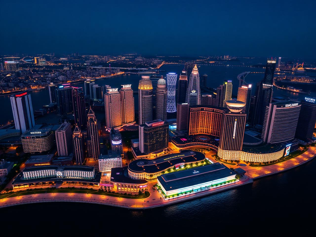 Night skyline of a dense integrated casino resort district