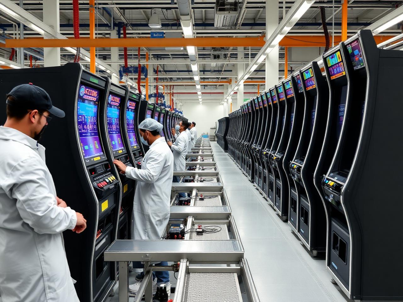 Technicians assembling gaming cabinets on a production line