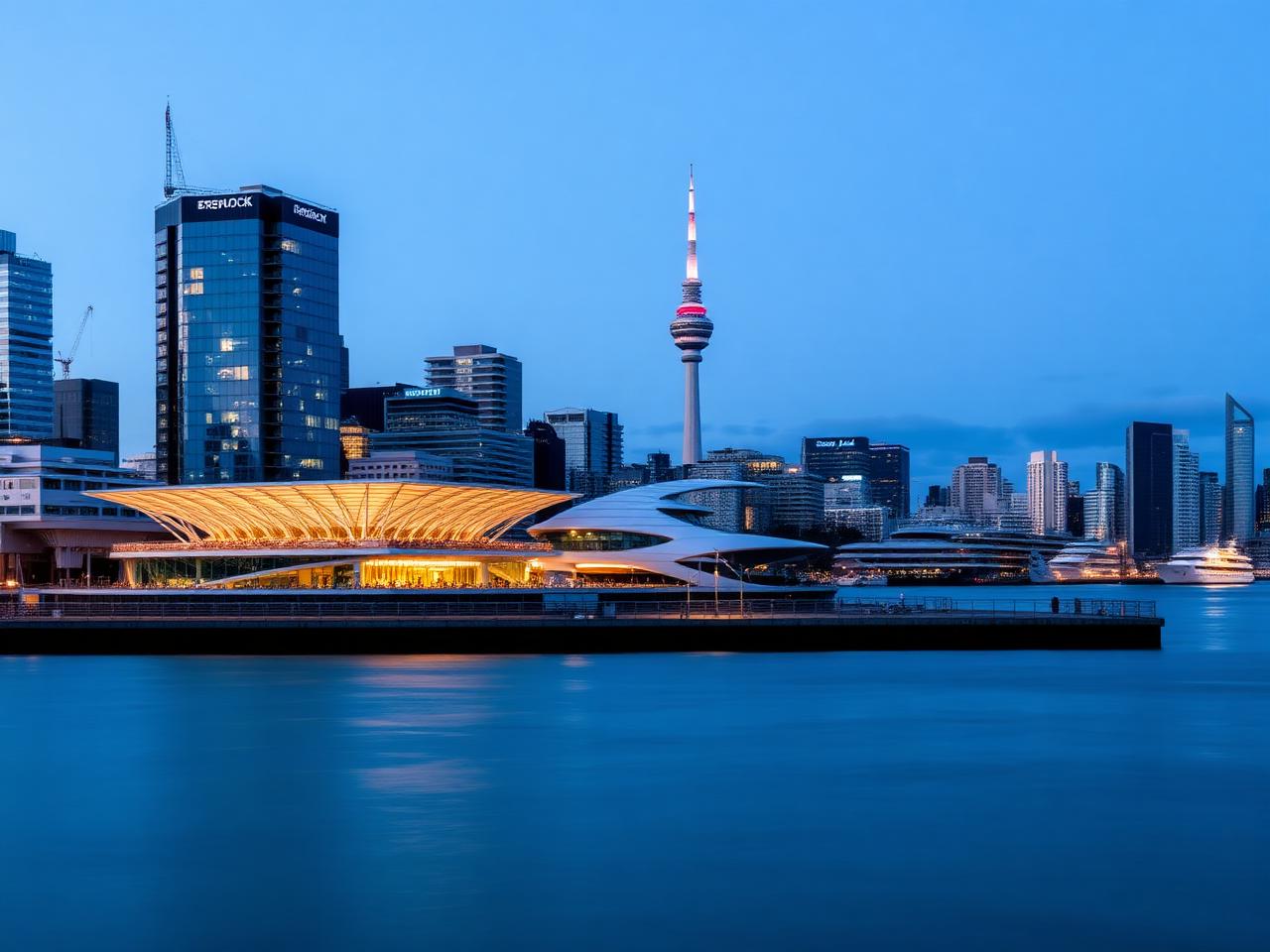 Auckland waterfront at blue hour with a modern entertainment complex