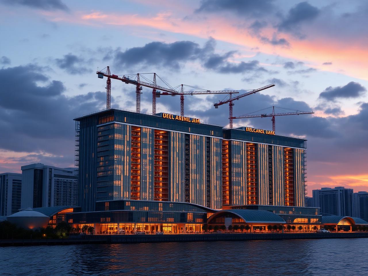 Integrated casino resort under construction at dusk